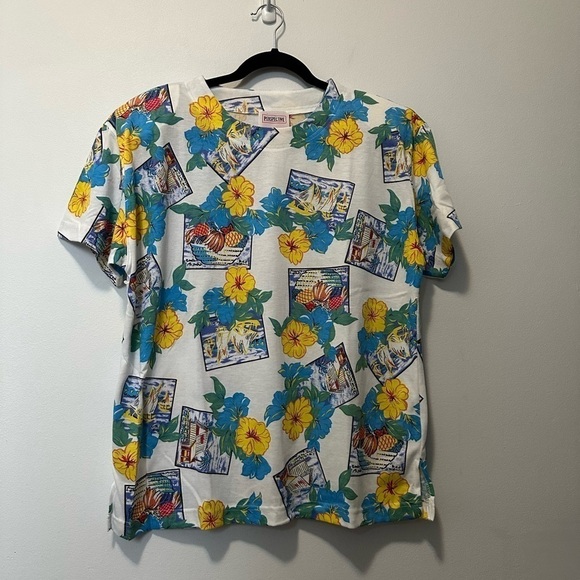 Vintage Tee Shirt Floral Coastal Top Perspective White Blue Yellow Festival Tee - Picture 3 of 16